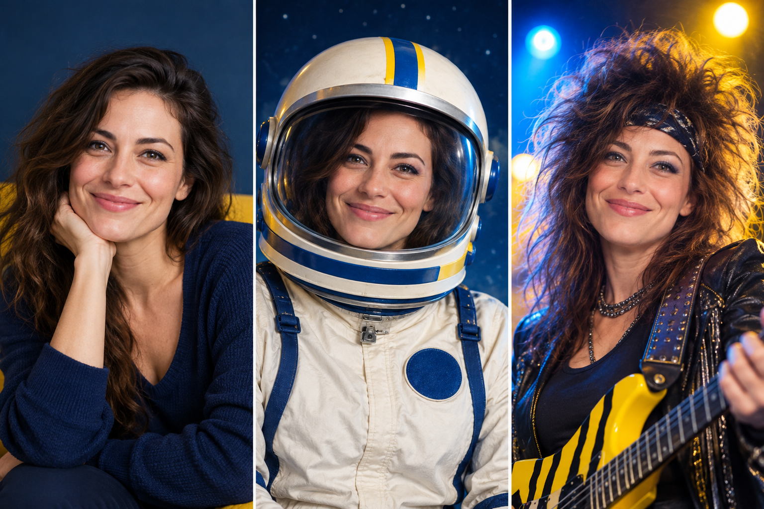 Fictional sample: one adult portrait becomes an astronaut and an 1980s rock star
